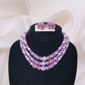 Vintage 50s-60s TripleStrand Purple Beaded Necklace & Matching Clip-on Earrings